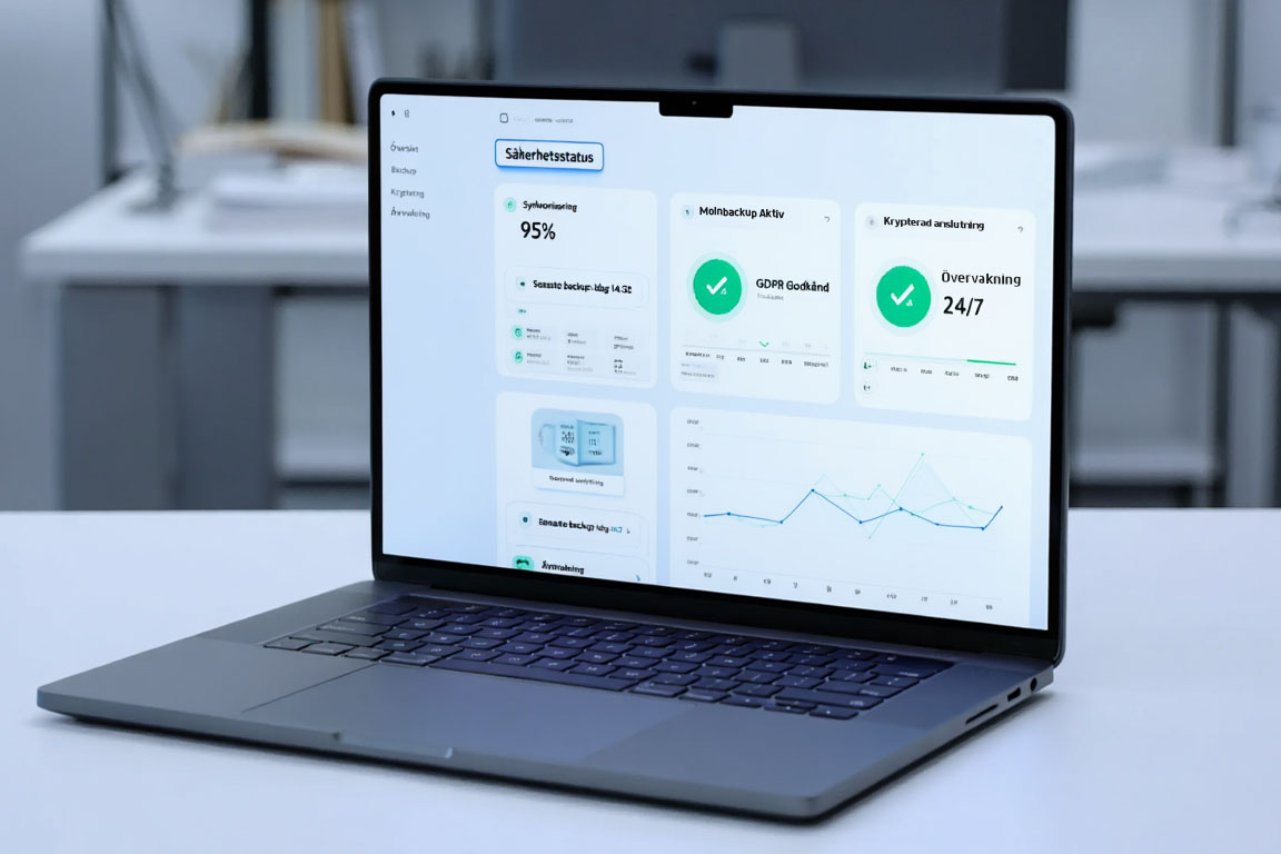 En laptop står på ett bord med en dashboard på skärmen