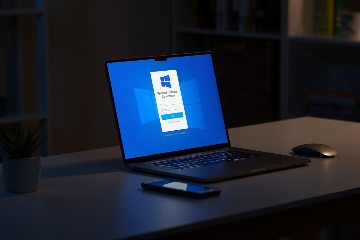 En laptop står på ett bord med en inloggningssida på skärmen